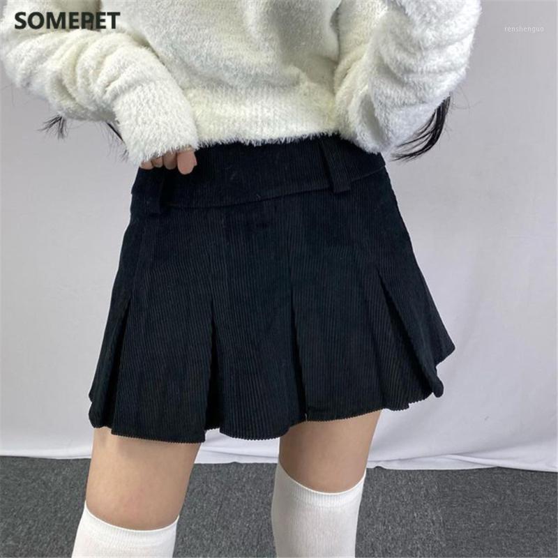 

Skirts Women Fashion Casual High Waist Solid Color Sexy Stylish Trendy Corduroy Pleated Mini Skirt For Shopping Daily Wear Black Brown
