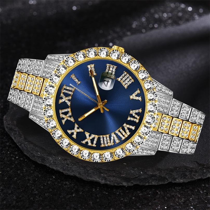 

Iced Out Luxury Full Diamond s es AAA CZ Quartz s Watch Waterproof Hip Hop Male Clock Gift For Men 220614, Silver gold red