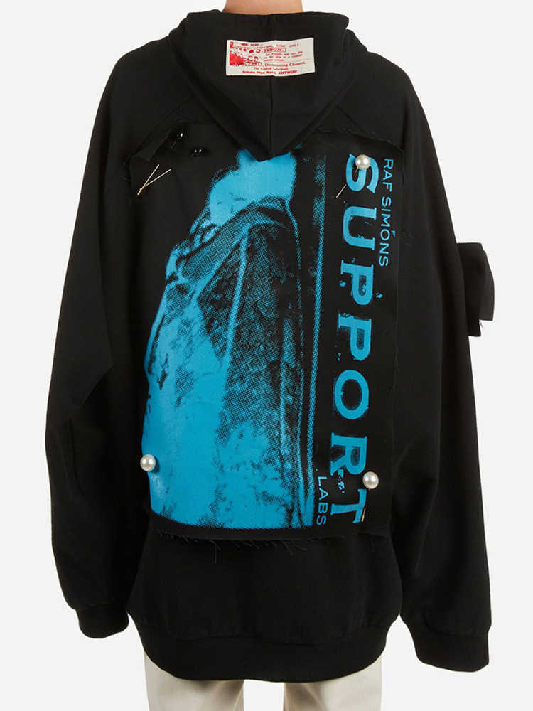 

[Spot]RAF new Simons cyberpunk pearl patch loose high street casual sweater ins men's and women's, Black
