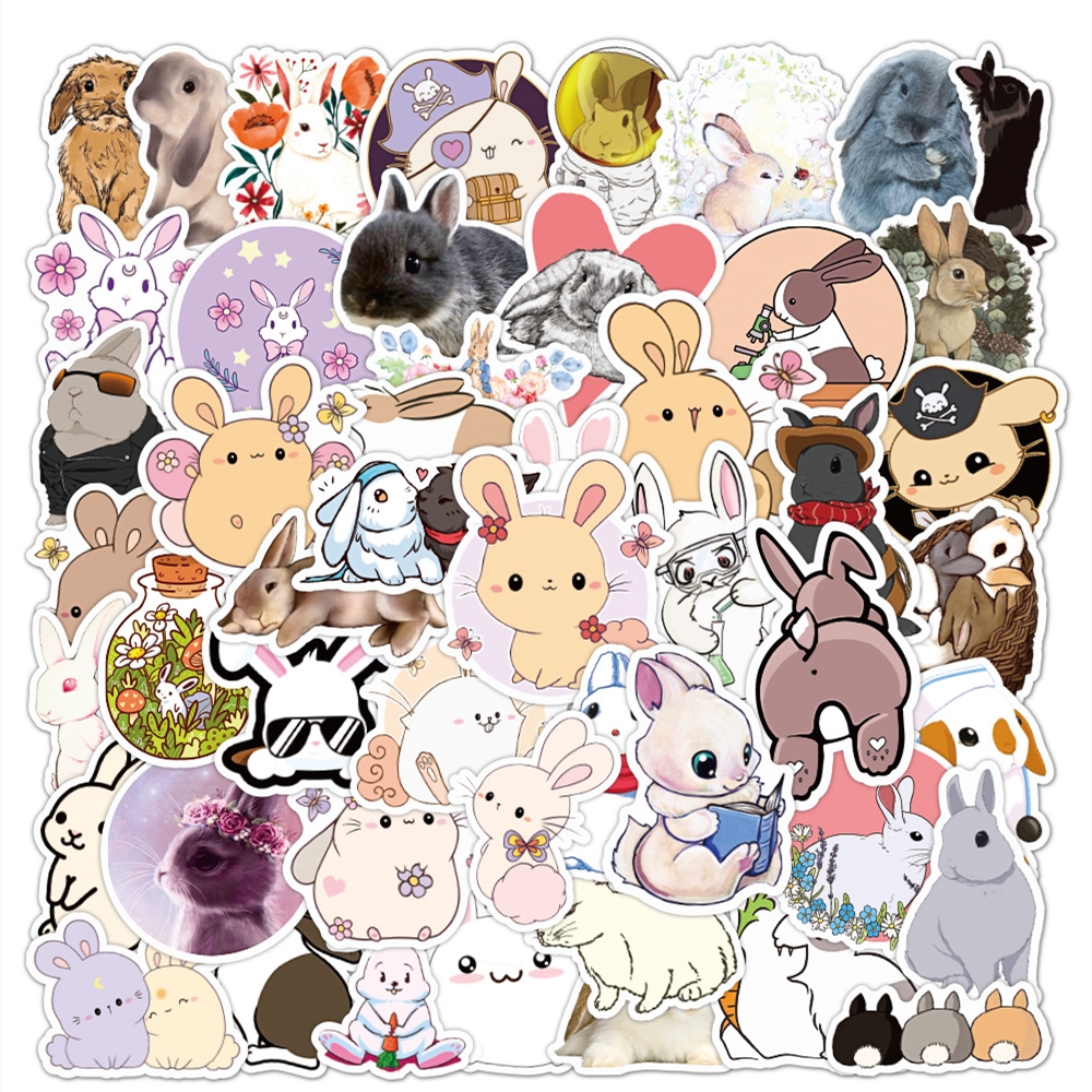 

50pcs Cute Rabbit Stickers Skate Accessories Waterproof Vinly Cartoon Animal Stickers For Laptop Waterbottle Phone Skateboard Luggage Kids Toys Gifts