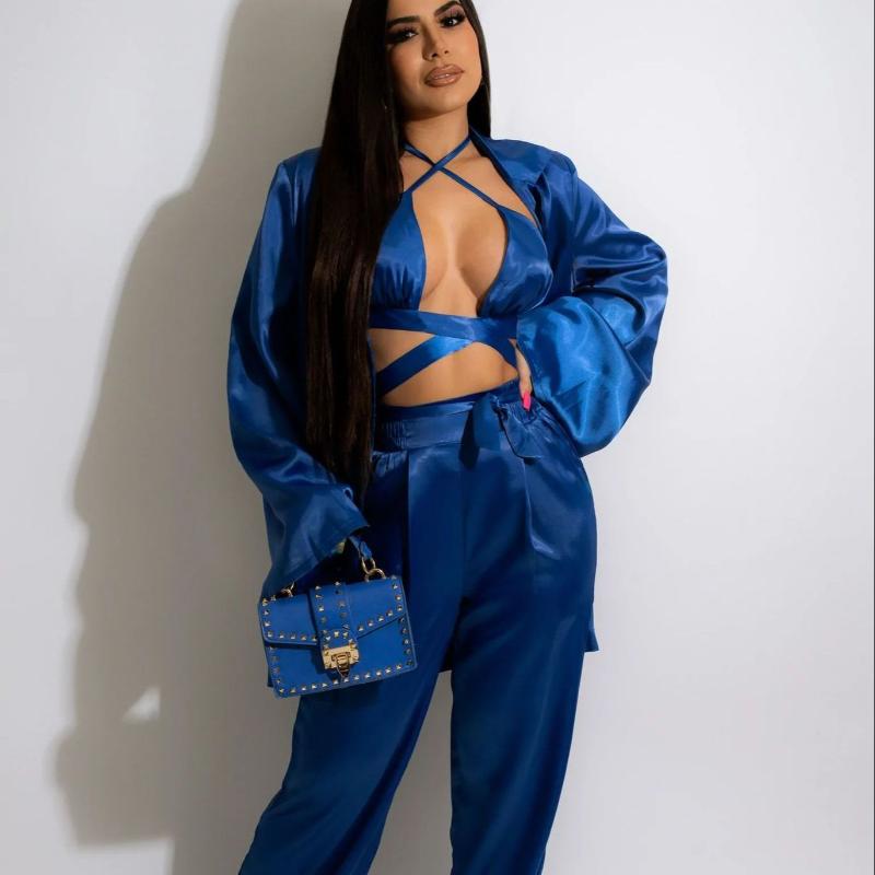 

Women's Plus Size Tracksuits Fall 2022 Women Clothes Silky Lace Up Bra Long Sleeve Shirt Cardigan Top Wide Leg Pants Suit Casual Satin 3 Pie, Black