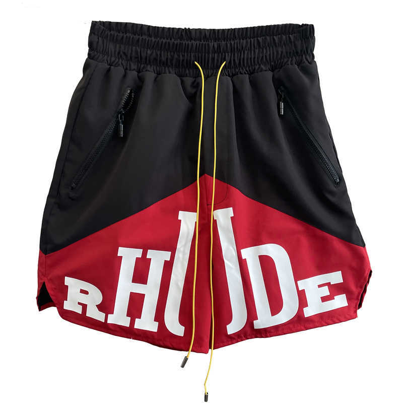 

Men's Shorts Rhude letter high street fashion brand two-color splicing color matching shorts five point pants men's style fashion high street leisure, Black red