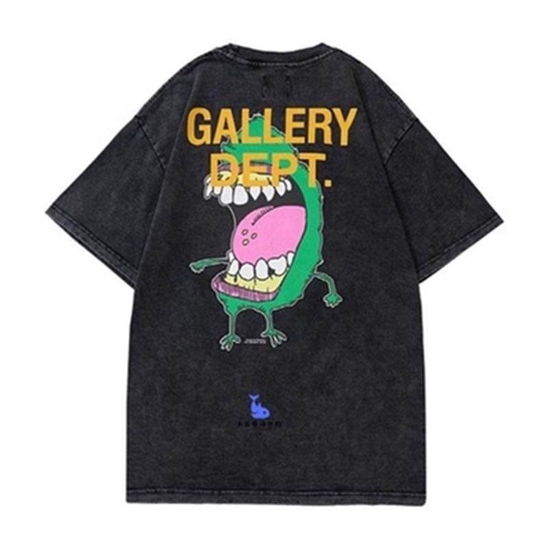 

Designer 22ss Gallerydept wash used American casual cartoon monster print loose short sleeve T-shirt beautiful fashion, Black
