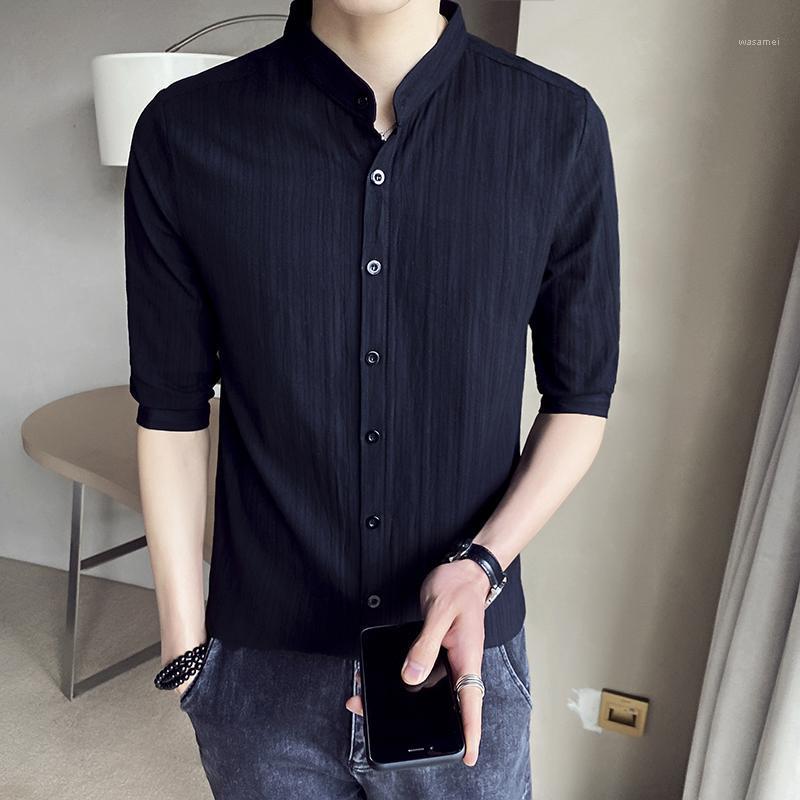 

Loldeal 3/4 Sleeve Shirt Men Stand-up Collar Solid Color Blended Cotton Comfortable Slim Fit Men's Casual Shirts, Black