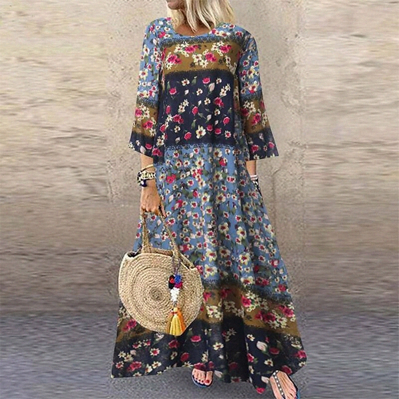 women's Maxi long Dress Green Blue Pink 3/4 Length Sleeve Floral Print Summer Round Neck Hot Casual Loose 2022 M L XL XXL 3XL 4XL 5XL l4sU#-image-757168889