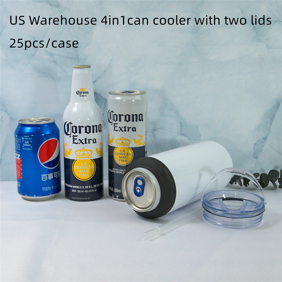 

US Warehouse 4 in 1 16oz Sublimation Tumbler Straight Can Cooler Stainless Steel Insulator Vacuum Insulated Bottle Cold Insulation Can with 2 lids by express, #1