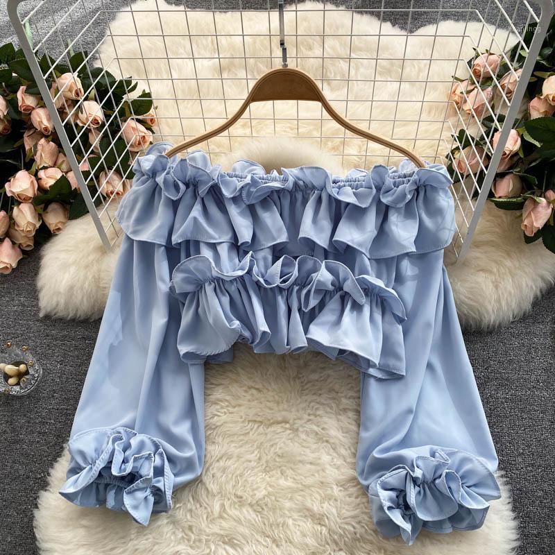 

Women's Blouses & Shirts Pinkou Women Sweet Ruffled Crop Top Slash Neck Off Shoulder Three Quarter Sleeve Short Style Blouse Sexy Tops LA129, Blue