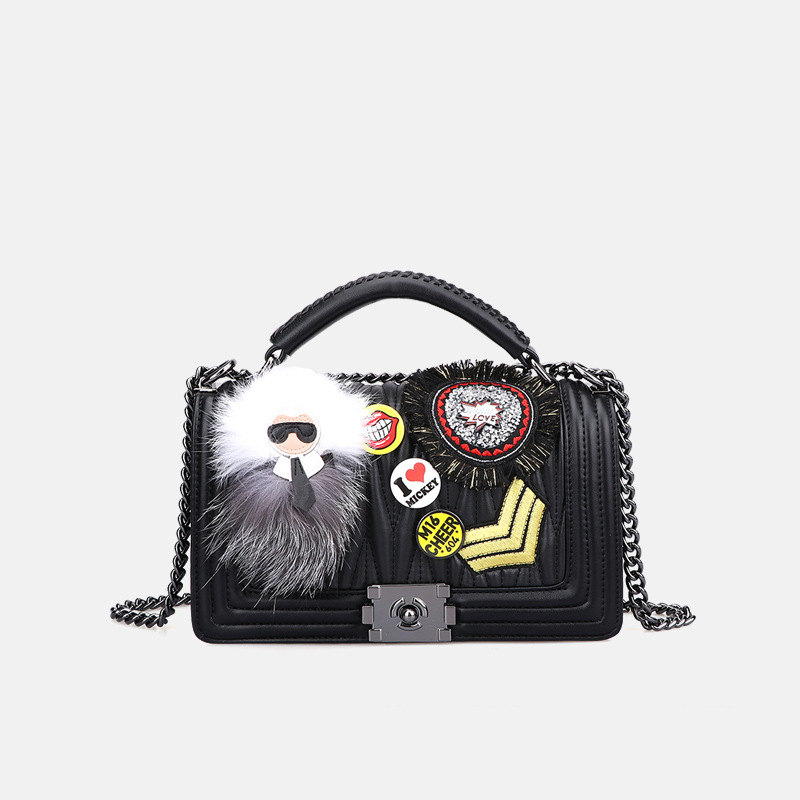 

Fashion Cartoon Shoulder Bags for Women High Quality PU Leather Crossbody Bag with Badge Decorations, Black