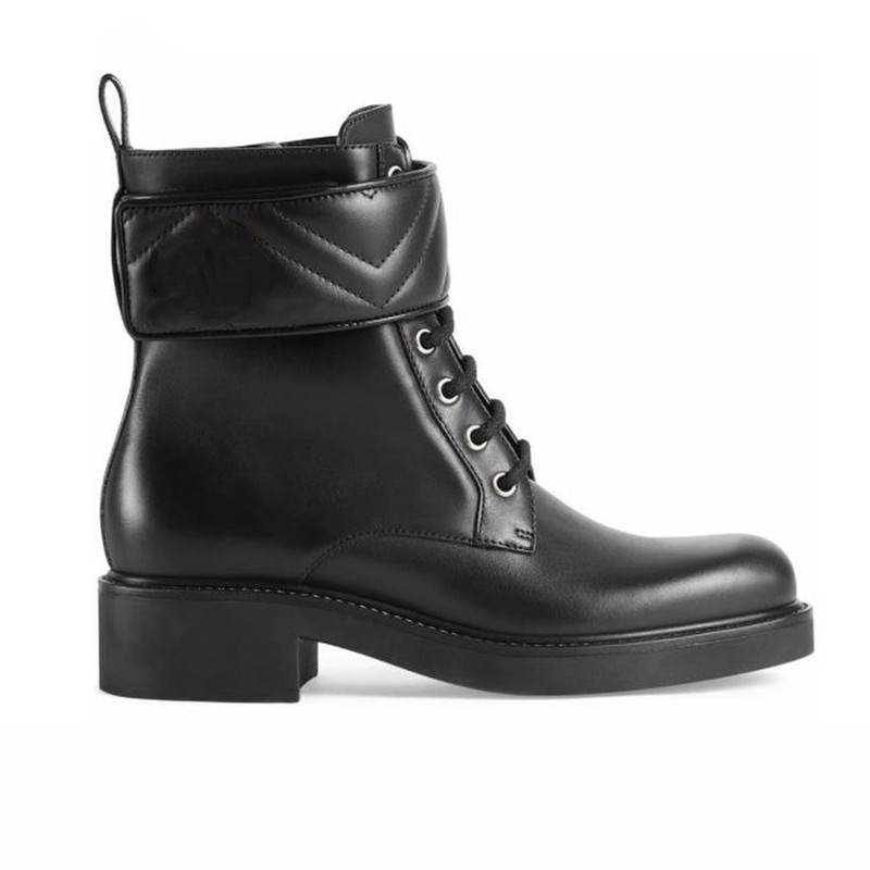 

Women Black Leather Ankle Boots Belt Buckle Martin Booties Designer Lady Canvas Lace-up Zip Low Heel Rubber Outsole Boot With Box, Customize