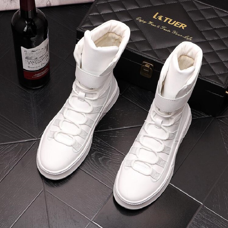 

High Quality White Slver Leather Boots Men Punk Work Martin Shoes Web Celebrity Height Increasing Shoes zapatillas Hombre Da55