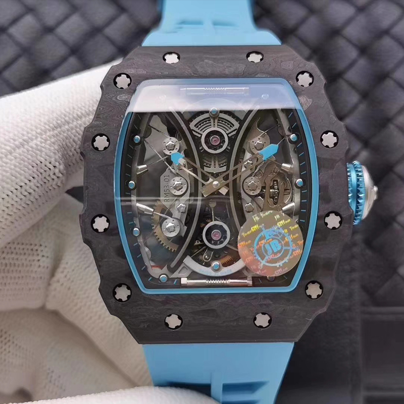 

Mens Skeleton Automatic Mechanical Watch Blue Rubber Canbon Fiber, Black