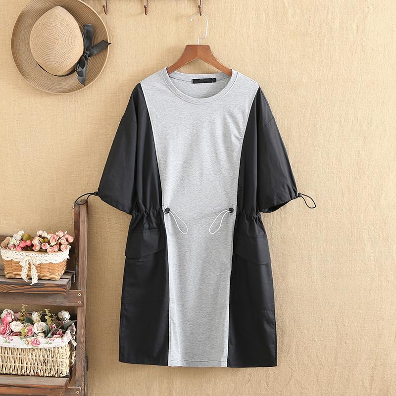 

Plus Size Dresses For Women O-Neck Short Sleeves Satin+Cotton Color Splicing Waist Adjustable Drawstring Design Summer, Black