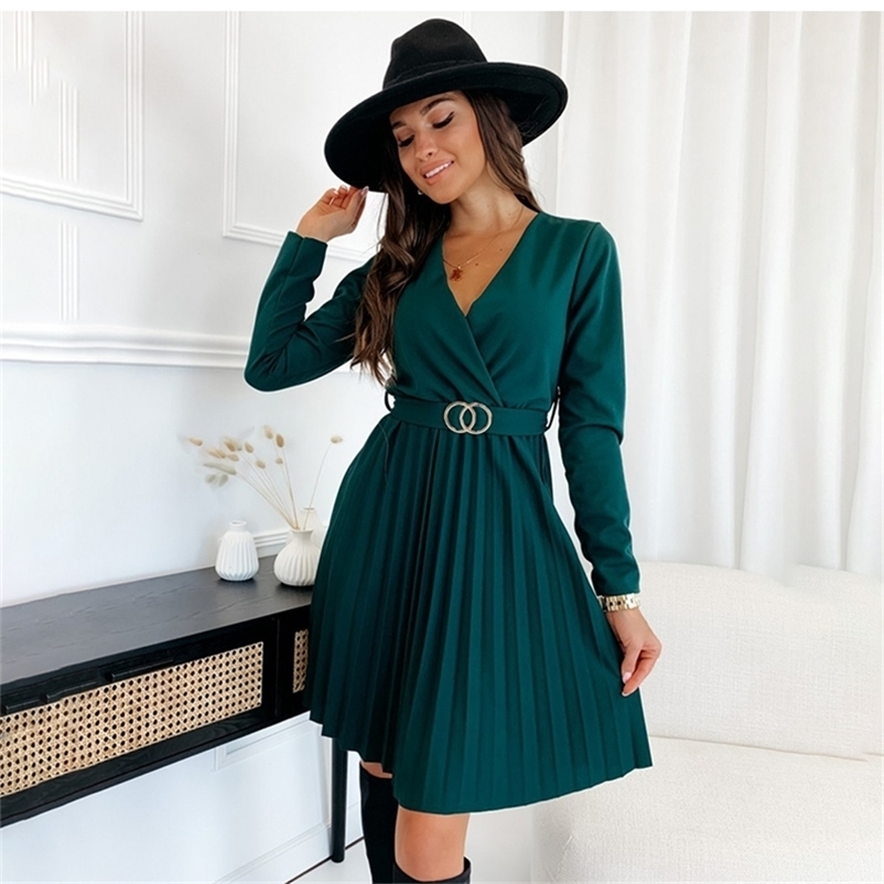 

Autumn Winter Mini Black Dress Fashion Casual V neck Long Sleeve Lace Up Pleated Elegant Green Dresses For Women Robe Femme 220614, Red