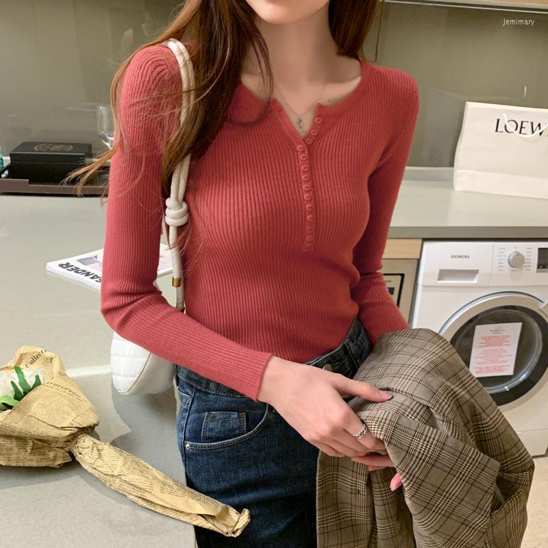 

Women' Sweaters Single Breasted Women Full Sleeve Button V-Neck Sweater Knitted Basic Elasticity Pullovers Autumn Winter TopsWomen' Jemi22, Green
