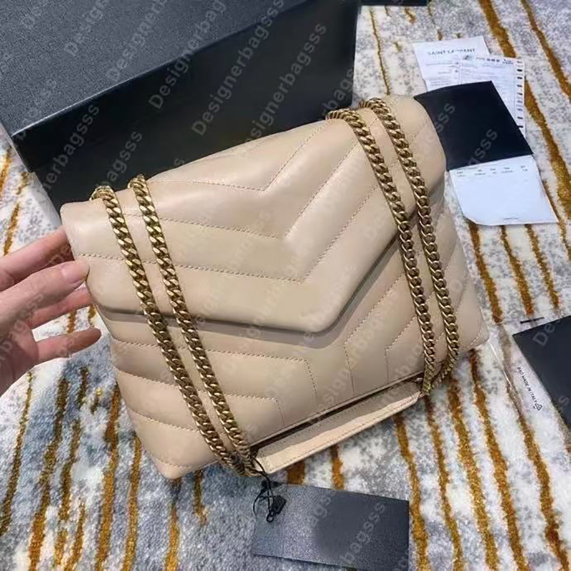 

Fashion Messenger bag crossbody Genuine Leather Handbags LOULOU medium chain bag Designer bags puffer TOY strap bag luxury Y Leather Shoulder Bags Magnetic buckle, White with golden chain