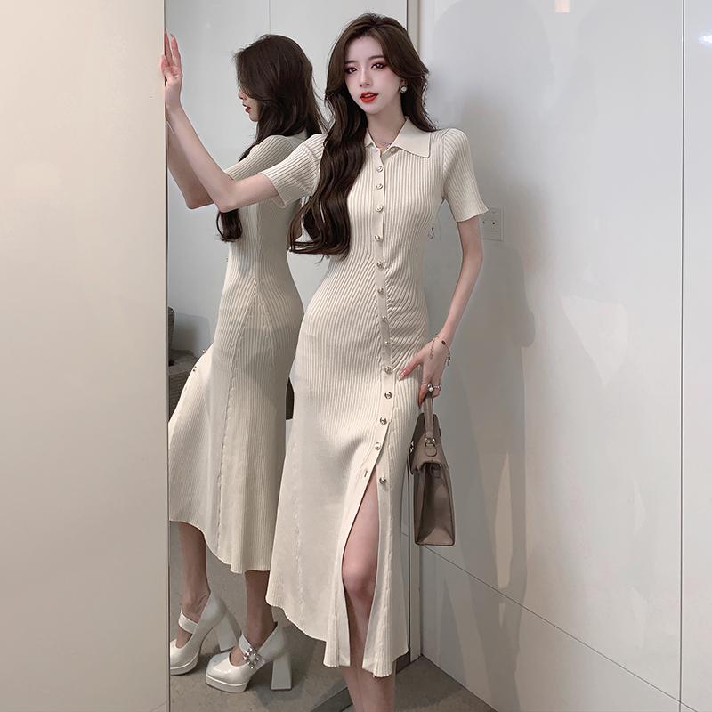 

Casual Dresses Midi Knitted Women Dress Bodycon Fashion Short Sleeve Button Sweater Female Summer 2022 Ladies Party VestidosCasual, Black