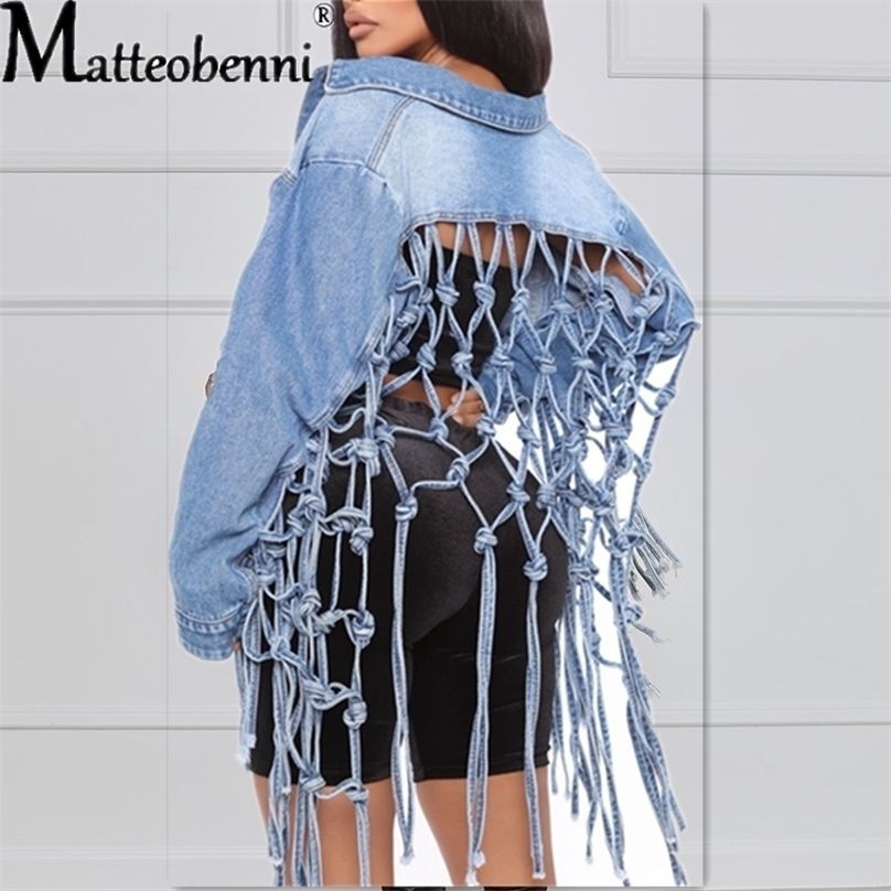 

Womens Autumn Fit Crop Tops Back Grid Tassel Design Long Sleeve Jean Coat Ladies Casual Street Denim Jacket 220815, Blue