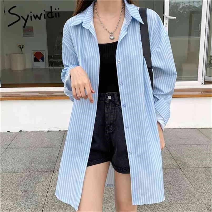 

Vintage Striped Button Up Blouse Women Single Breasted Turn-down Collar Top Long Sleeve Clothing Summer Shirts 210607, Blue