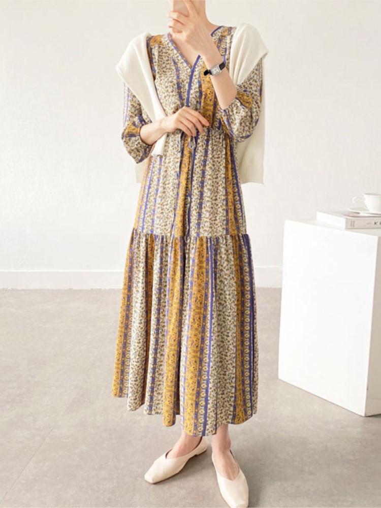 

Casual Dresses Women Spring Summer Floral Printed Dress Loose High Waist Chiffon Elegant Vintage Lady Maxi, Yellow