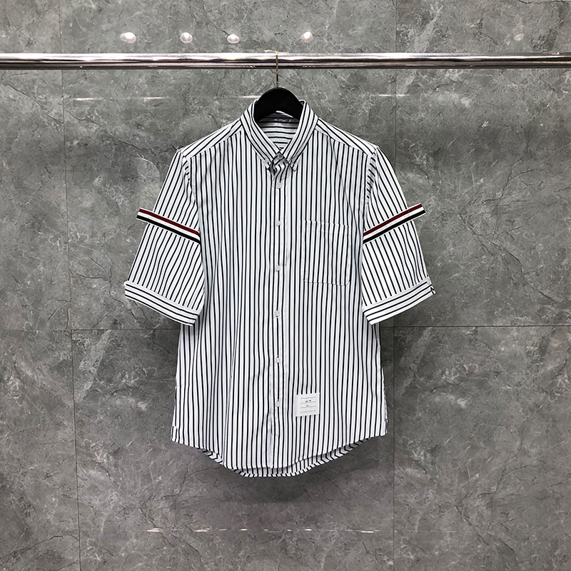 

Stripe Ribbon Armband Men's Shirt Summer Cool Poplin Short-sleeved Women's Designer Shirts Luxury Brand High Quality Casual Oversized Original Blouse, Packing bag