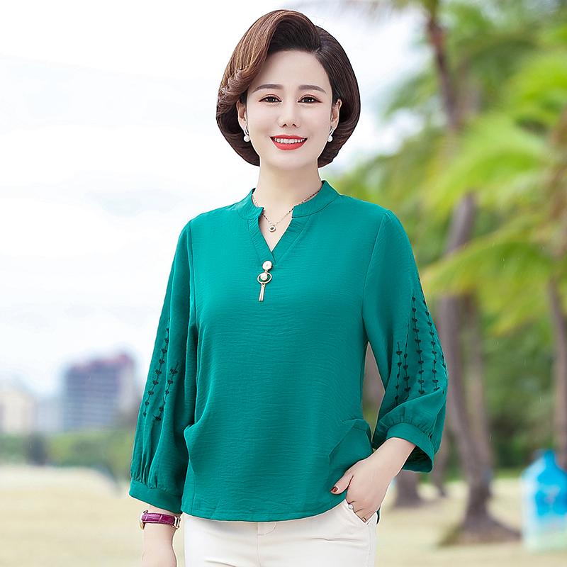 

Women's T-Shirt Embroidery Mother Clothing Spring Middle Aged Women Tee Long Sleeve Tops Casual Loose 5XL 3XL 4XL Pullover, Blue