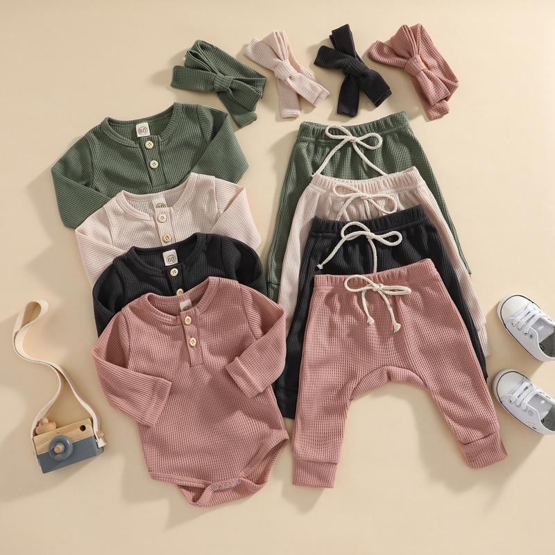 

Clothing Sets 2022 0-24M Casual Baby Girl Boy Set Solid Color Button Round Neck Long Sleeve Romper+Harem Pants+Headband Knitted 3pcs