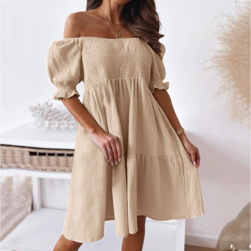 

Casual Dresses Off Shoulder Ruffle Dress Womens Bohemian Summer Puff Sleeve Flowy Beach Midi Elegant Party Vestidos RobeCasual, Beige