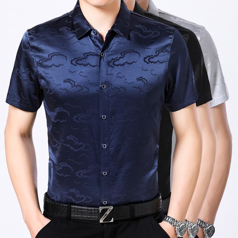 

Men's Casual Shirts Men's Silk Short Sleeved Temperament And FashionMen's, Black