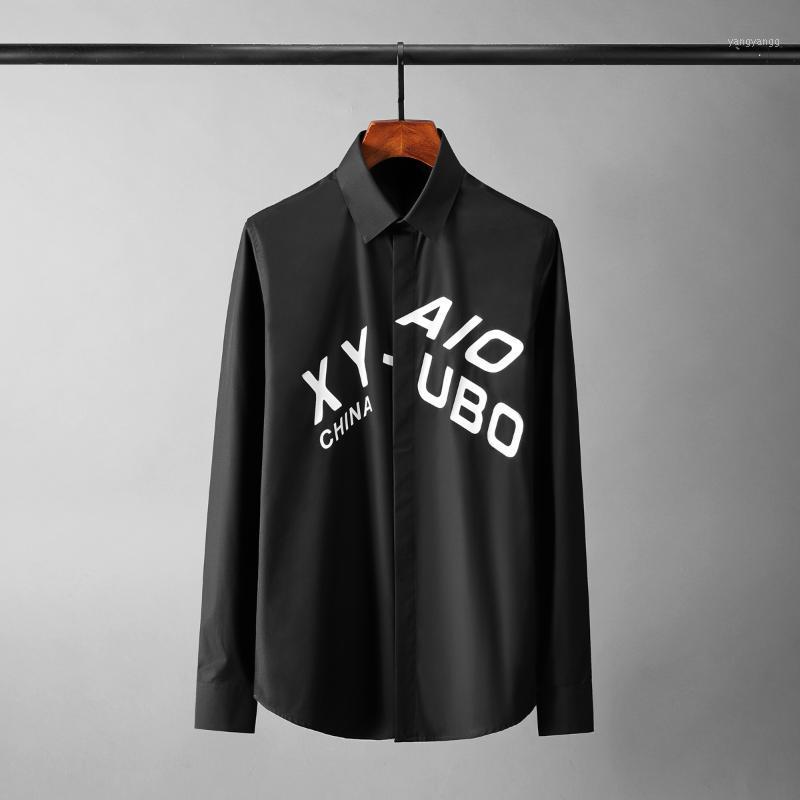 

Minglu Cotton Mens Shirts High Quality Long Sleeve Letter Printed Casual Dress Slim Fit Party Male Plus Size Men's, White