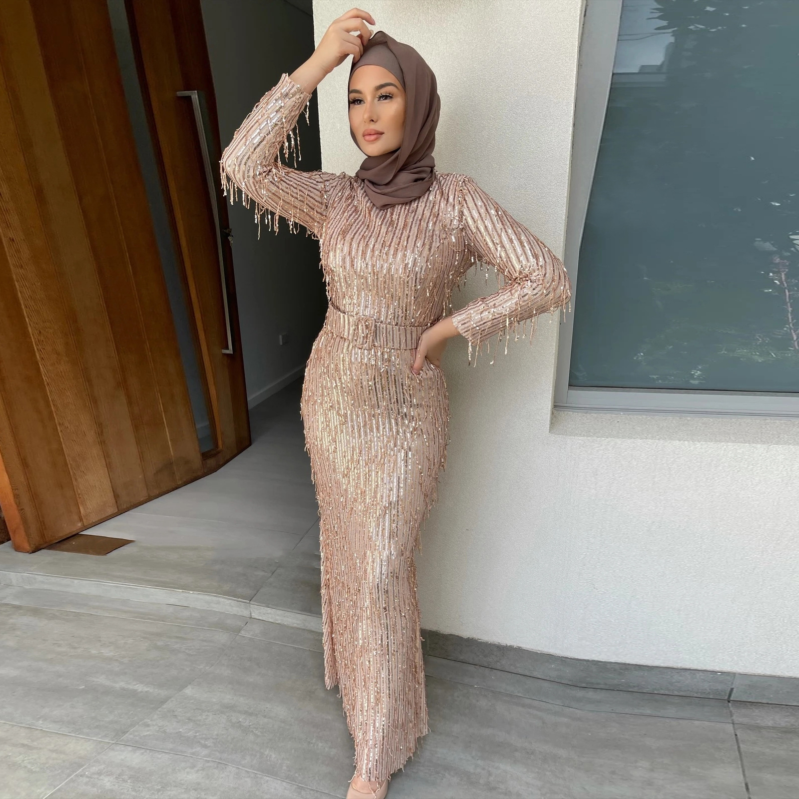 

Eid Mubarak Kaftan Sequins Tassel Slim Muslim Hijab Dress Arabic African Maxi Dresses for Women Abaya Dubai Islam Modest Clothes