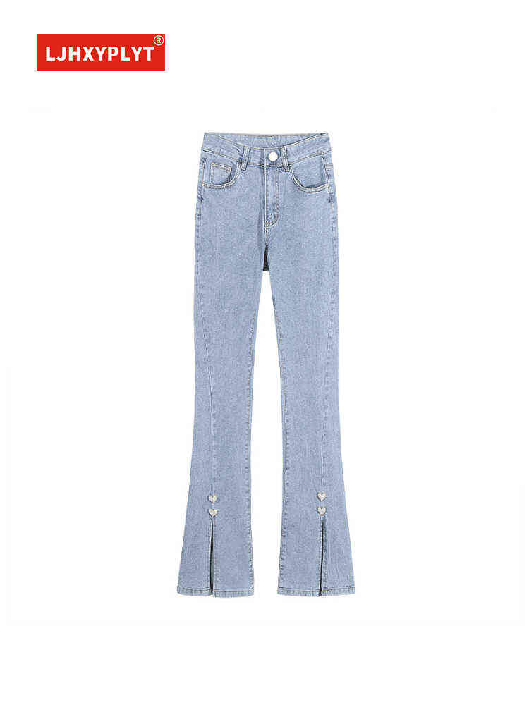 

High-waisted Split Heart-decorated Jeans Women's Summer New Design Elastic Slimming Bell-bottoms Nine-point Denim Pants Female T220728, Blue