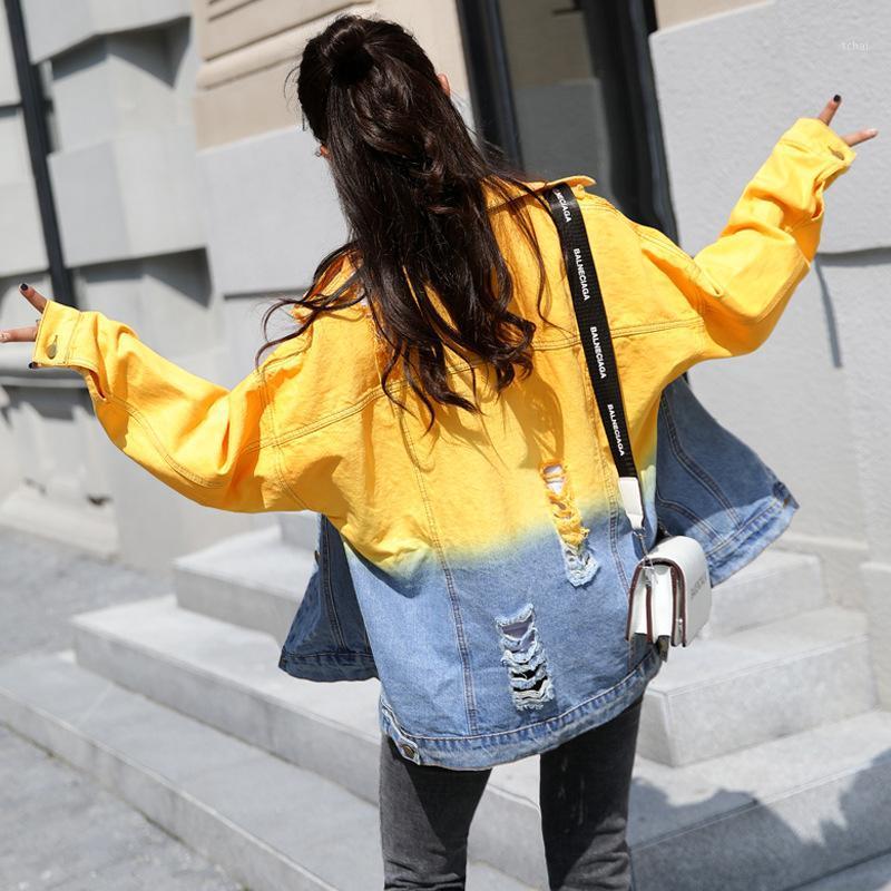 

Women's Jackets Jrnnorv Fashion Spring Autumn Jeans Jacket Lapel Long Sleeve Yellow Hit Color Loose Large Size Denim Women Coat, As pic