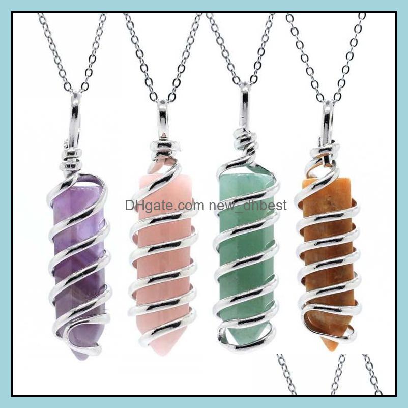 

Pendant Necklaces Fashion Wire Wrap Hexagon Prism Natural Stone Carving Reiki Healing Gem Necklace For Women Jewelry Newdhbest Dhkgp