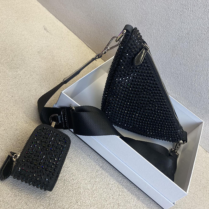 

Women Designer Hobo studded crystals Bag Mini Triangle Handbags Fashion lady Shoulder Bags totes Top Quality with small purse, Color 1