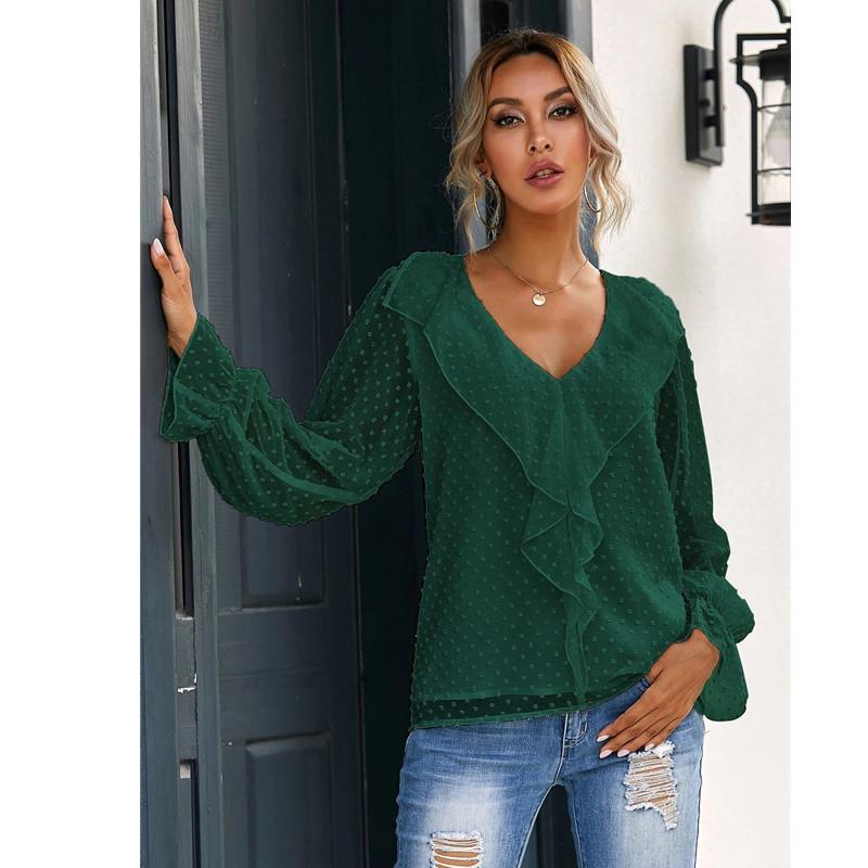 

Women' Blouses & Shirts Chiffon Blouse Women Tops Lantern Long Sleeve V-neck Ruffled Office Lady Elegant Gentlr Casual Solid Color Ladies, Green