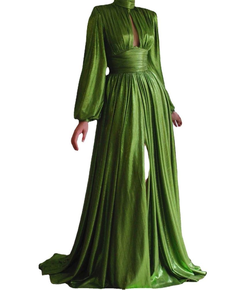 

Casual Dresses Women Sexy Shiny Olive Green Boho Dress Spring Autumn Long Sleeve Evening Party Elegant Maxi Slit Big Swing Formal DressesCas