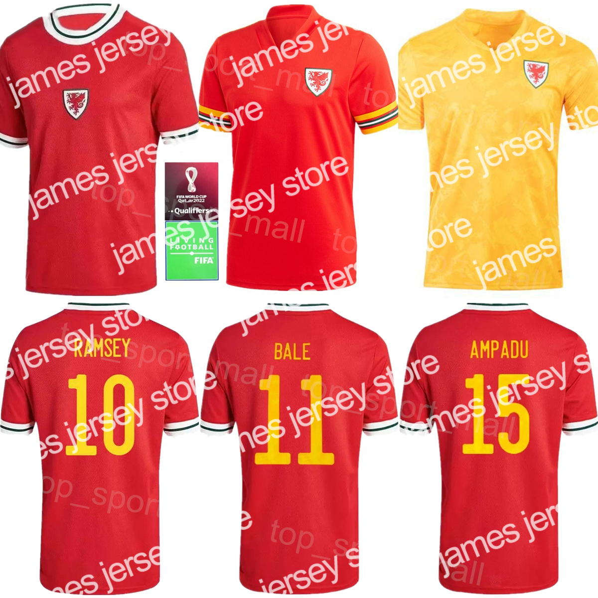 

James 2022 Qatar National Team Wales Soccer Jersey 11 Gareth Bale 20 JAMES 21 MOORE 10 RAMSEY 4 DAVIES 2 GUNTER 15 AMPADU 16 MORRELL 8 WILSON 3, Red
