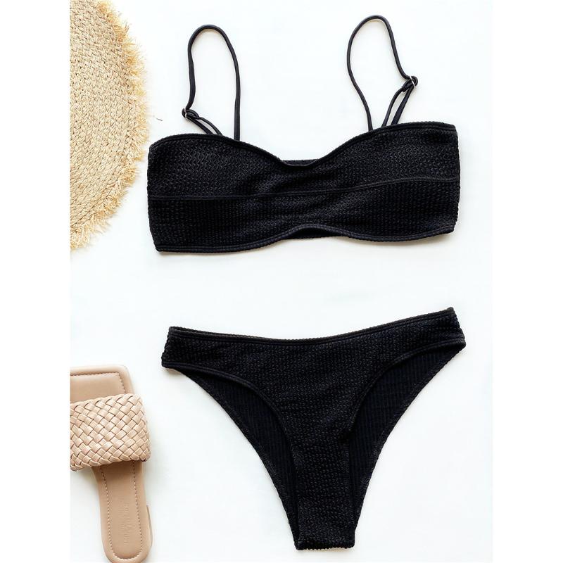 

Women' Swimwear Sexy Wrinkled Mid Waist Padded Bikini Women Female Swimsuit Two-pieces Set Bather Bathing Suit Swim Y3163, Black