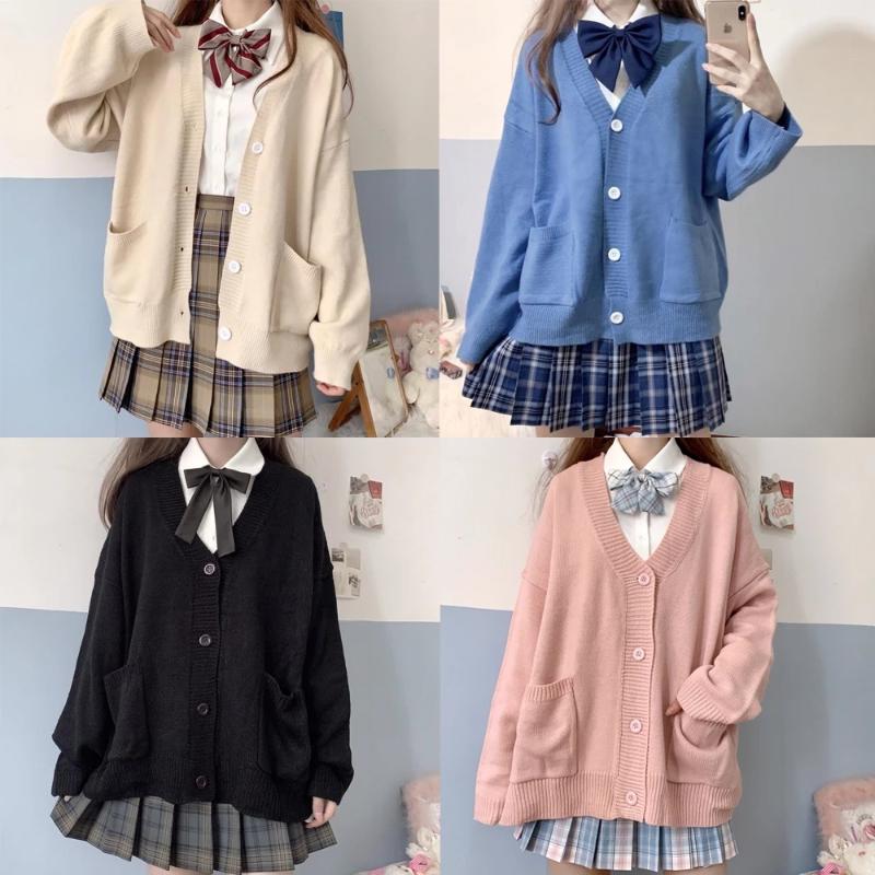 

Clothing Sets Japan School Sweater Spring Autumn 100% V-neck Cotton Knitted JK Uniforms Cardigan Multicolor Student Girls CosplayClothing, Black