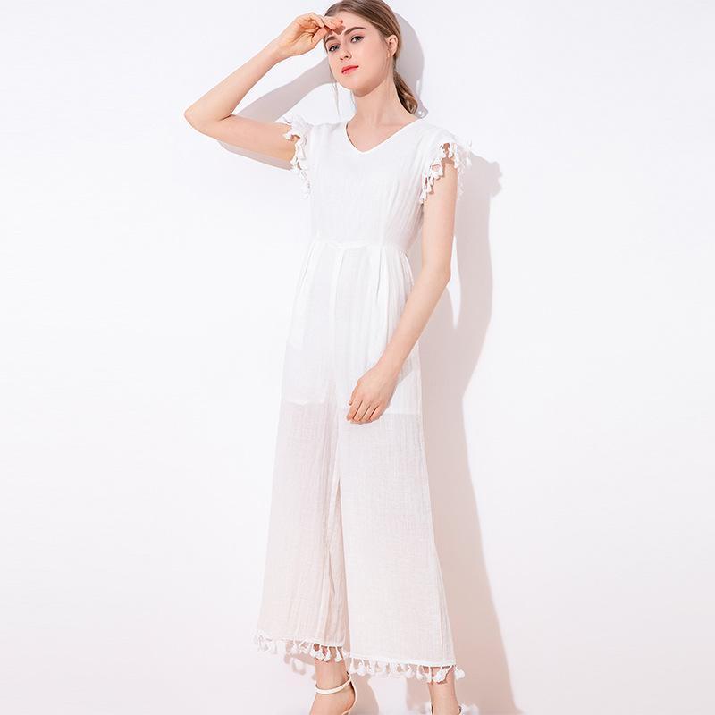 

Cotton Line Solid Color Jumpsuit Women Summer Tassel Short Sleeve Playsuit Ladies Elegant Wide Leg Pant Romper Combinaison Femme, Pink