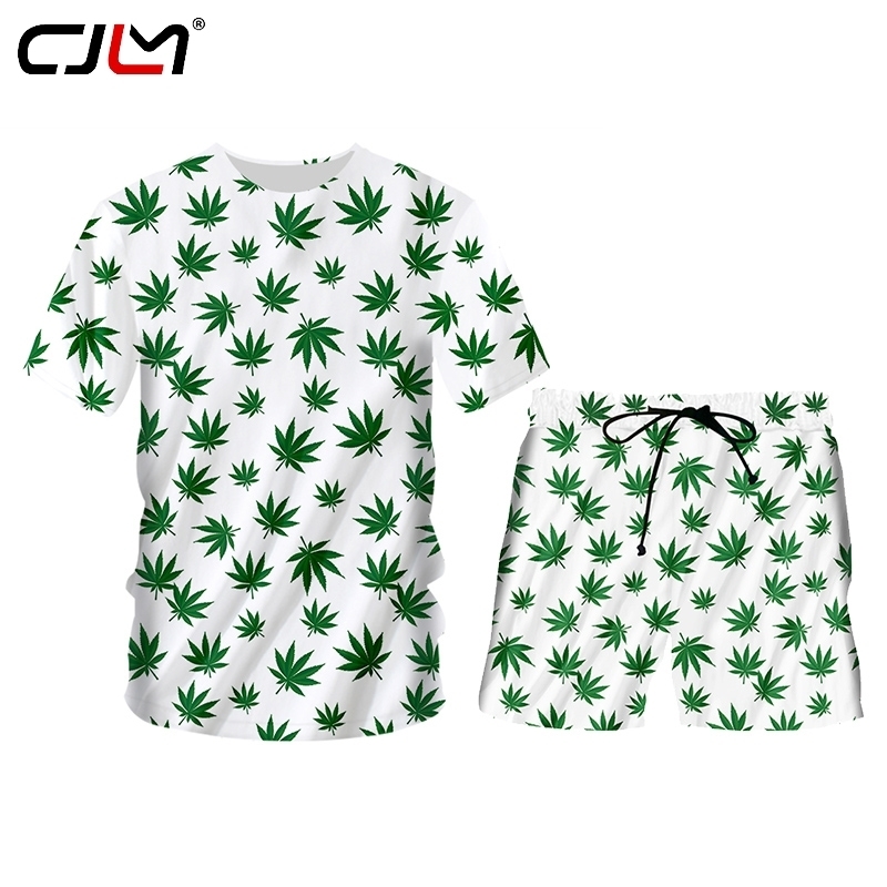 3D digital printing Set Outdoors Quick Drying Green leaf Short Sleeve 2 Piece Set Tank Tops and Shorts Men Breathable 220623