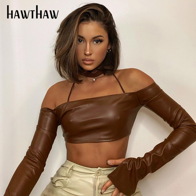

Hawthaw Women Autumn Winter Long Sleeve Slash Neck Soild Color Pu Leather Short Tops T Shirt 2022 Female Clothing Streetwear, Auburn
