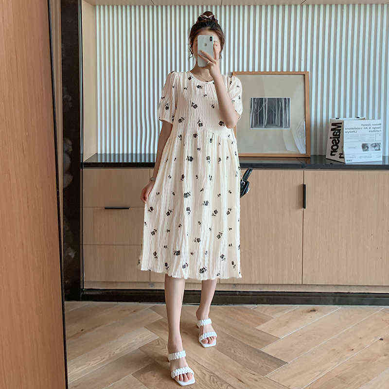 

6018# 2022 Summer Korean Fashion Printed Maternity Long Dress Chic Ins Elegant A Line Clothes for Pregnant Women Pregnancy OL G220418, Beige