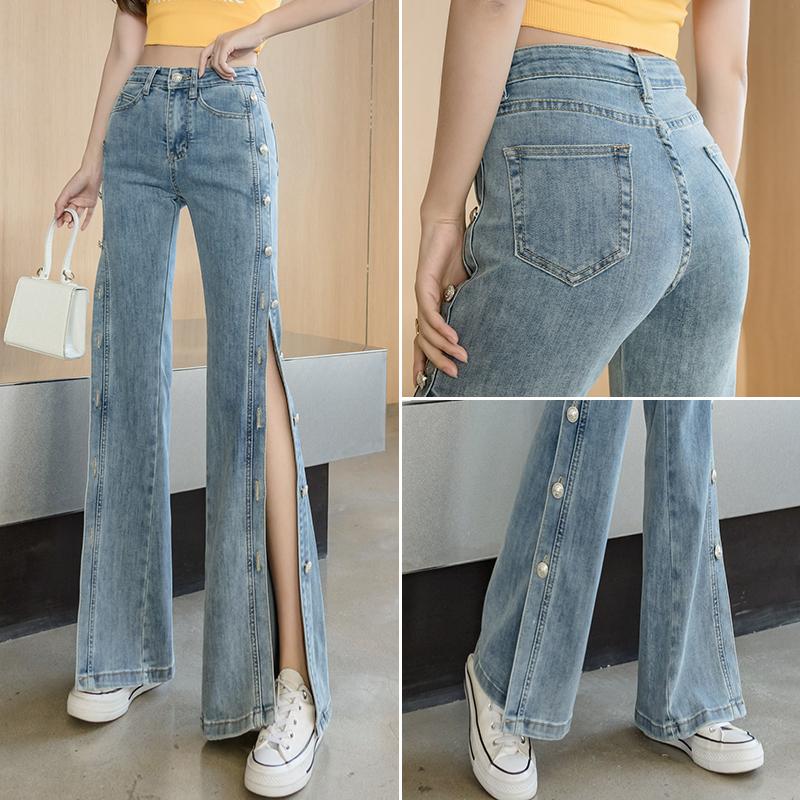 

Women' Jeans Side Split Buttons Seam High Waist Denim For Women Distressed Vintage Long Pants Fashion Styles Wide Boot Cut Trousers, Light blue