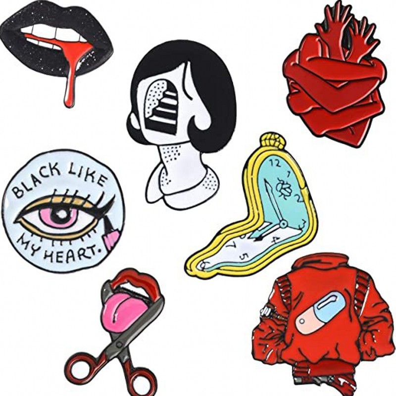 Vintage Punk Style Brooches Lips Clock Metal Kawaii Enamel Pin Badge Buttons Brooch Shirt Denim Jacket Bag Decorative Brooch for Women Men 1428 D