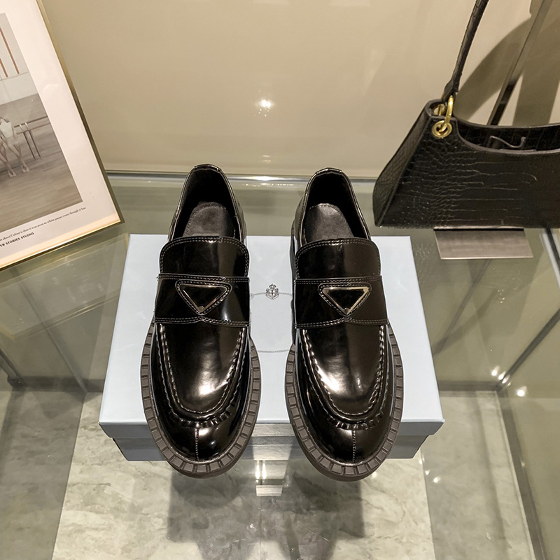 

Dress Shoes For Women Chocolate Brushed Leather Loafers High Quality Ladies Designer Footwear Metal Triangle Logo Luxury Street Walking Shoes Woman With Box, Gift bag