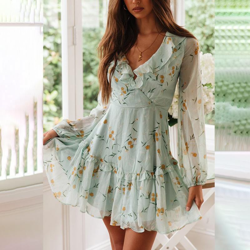 

Casual Dresses NORMOV Deep V-neck Floral Dress Women Elegant Autumn Winter Mini Sexy Party Night Club Clothes Backless Ruffles, Green