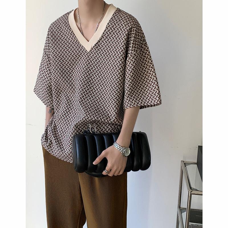 

Men's T-Shirts Summer Knitted V-neck T-shirt Men Fashion Retro Casual Plaid Korean Loose Short-sleeved T Shirt Mens Top -XLMen's, Black
