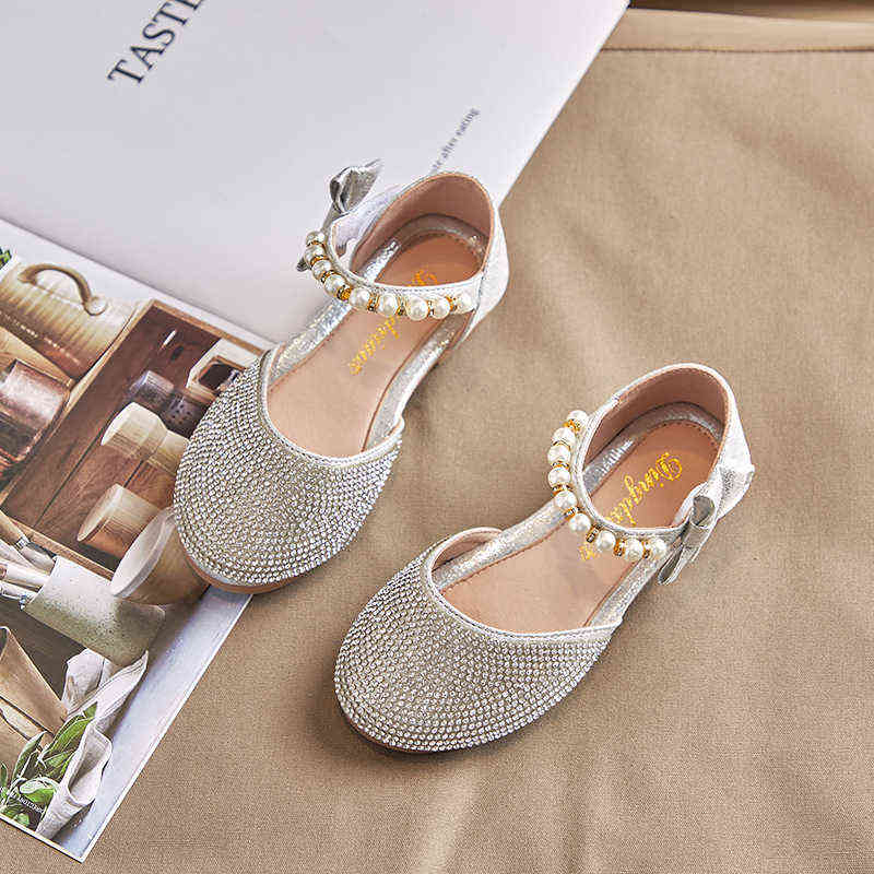 

Girls Princess Sandals Children's Pearl Bow Rhinestone Flats Shoes Little Children Sweet Soft Non-slip Kids Shoes E954 G220418, Gold