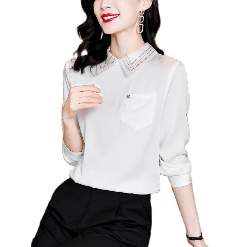 

Women' Blouses & Shirts Spring Summer White All-match Silk Satin Shirt Women' Clothing Office Lady Commute Fashion Female Pocket Long, Black